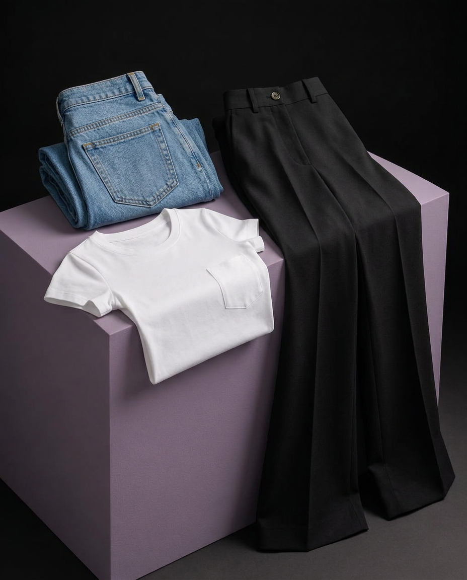 Jeans, pantalón lila y remera INVEKMODA
